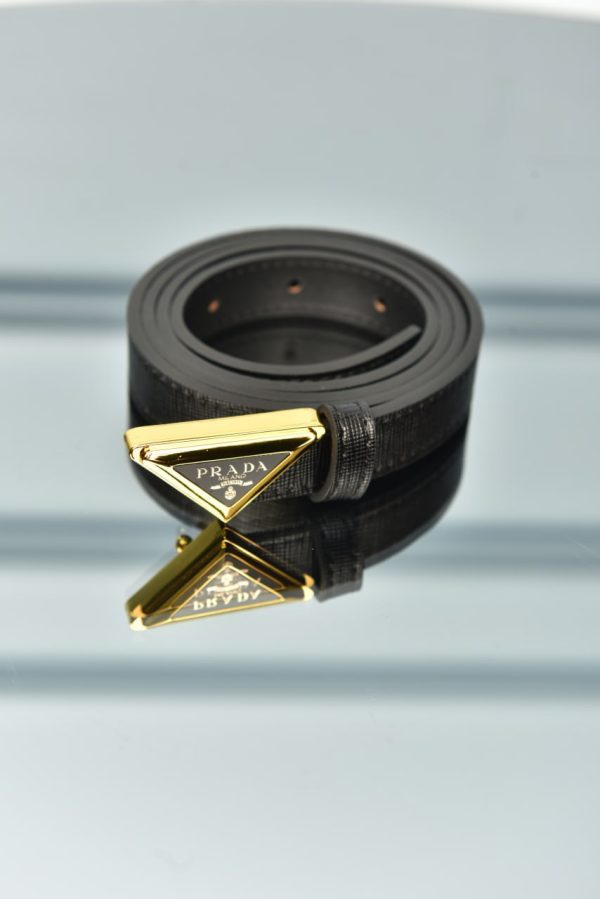 Saffiano Leather Belt With Gold Triangle Buckle